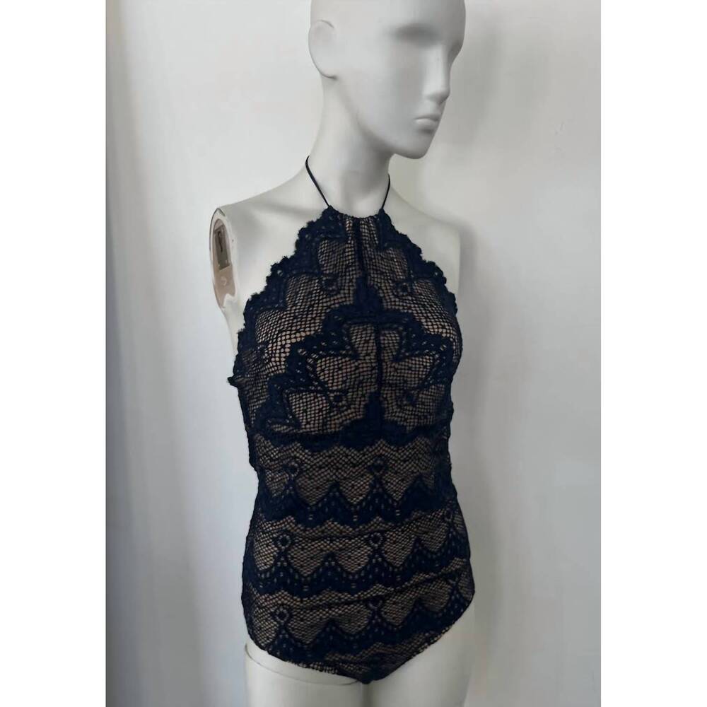 NEW NIGHTCAP women's monaco halter bodysuit in navy/beige